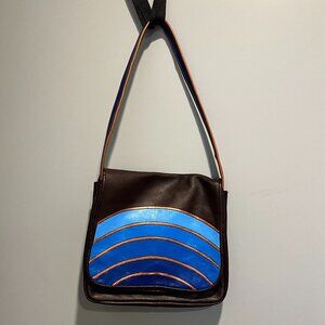 Vintage Brown Leather Bag with Blue & Copper Rainbow Detail